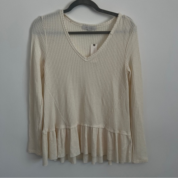 Anthropologie Eri + Ali Creme V-Neck Waffle Knit Top-Size XS-New With Tags - Picture 1 of 6
